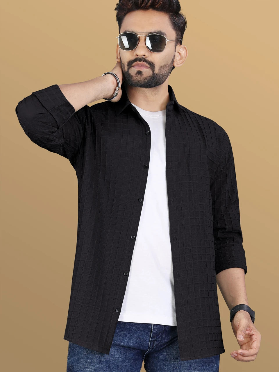 Men's Regular Fit Textured Casual Shirt – Black